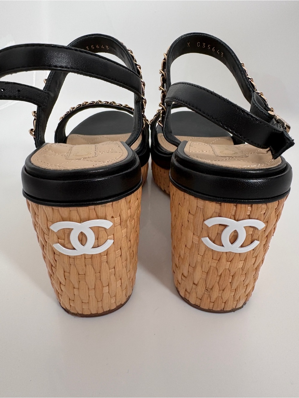 CHANEL Black 20C Leather CC Chain Wicker Wedge Sandal EU 38 / US 8 - Picture 5 of 7